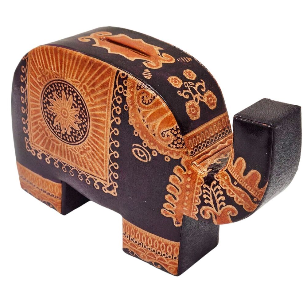 Vintage Asian India Folk Art Leather Elephant Coin Bank - Trunk Up for Good Luck